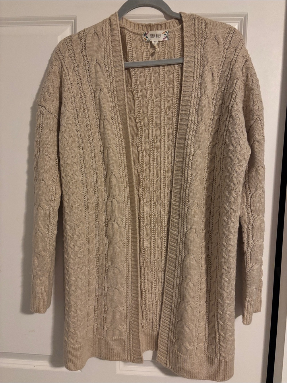 Pink Rose Cable Knit Open Cardigan in Beige